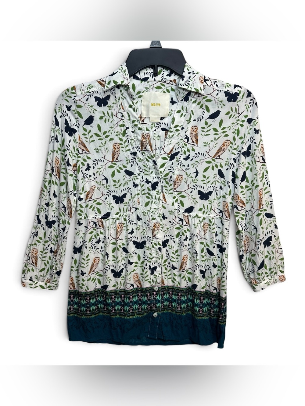Maeve Anthropologie Owl Bird Butterfly Print Button Front Blouse Tunic Size 0 - Picture 2 of 10